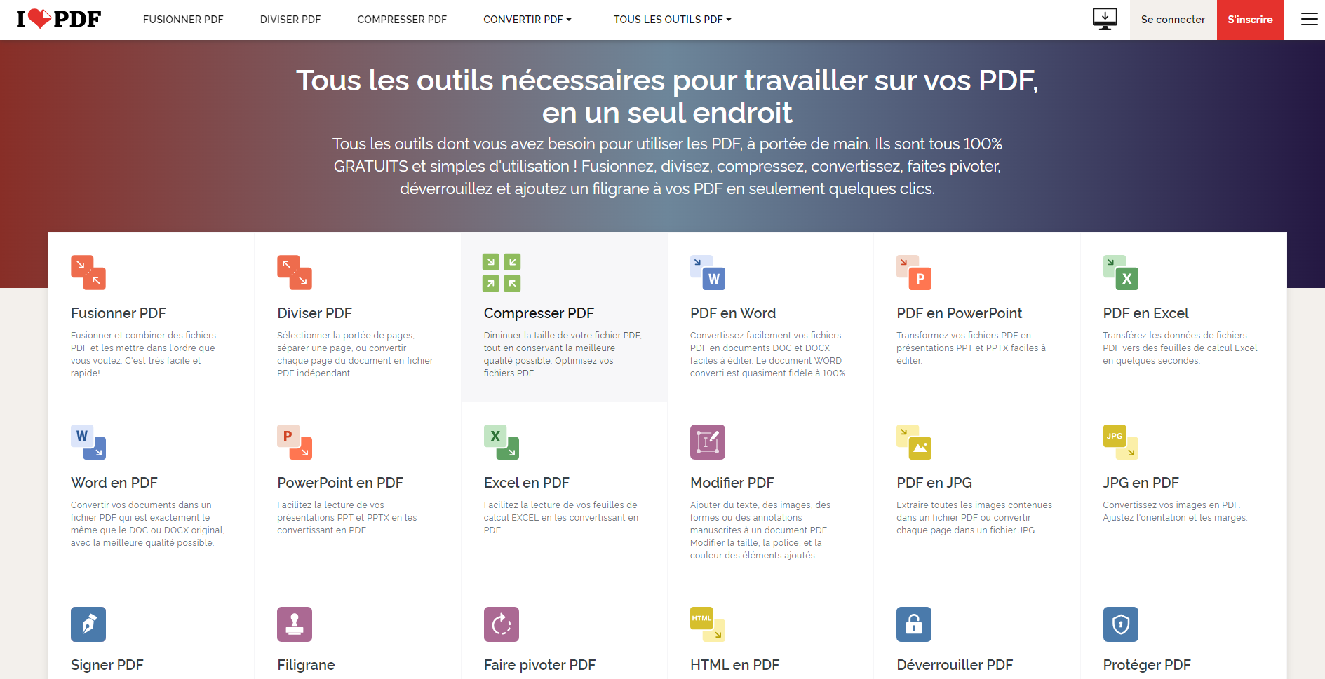Capture d'écran du site Ilovepdf.com