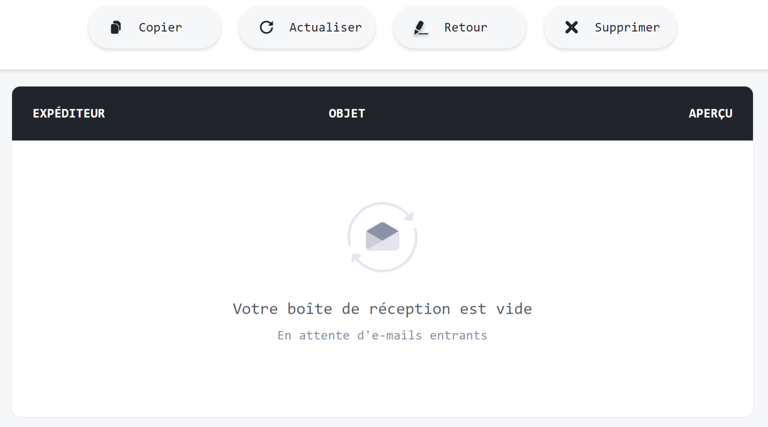 interface de la boîte de réception de TempMail