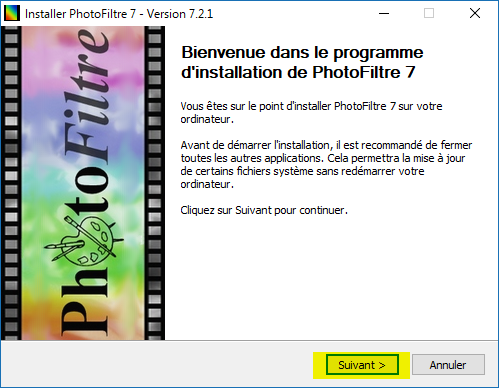 fenêtre d'installation du logiciel, de retouche et montage photo, PhotoFiltre 7