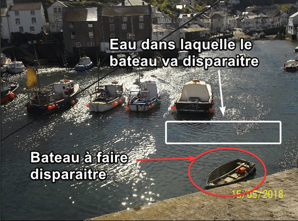 explication de chaque élément : le bateau à faire disparaître de la photographie, ainsi que l'eau dans laquelle le bateau va disparaître. Les pixels de l'eau vont remplacer ceux du bateau.