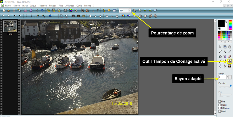 rappel de la sélection de l'outil Tampon de clonage dans PhotoFiltre 7,ainsi que du choix d'un rayon adapté