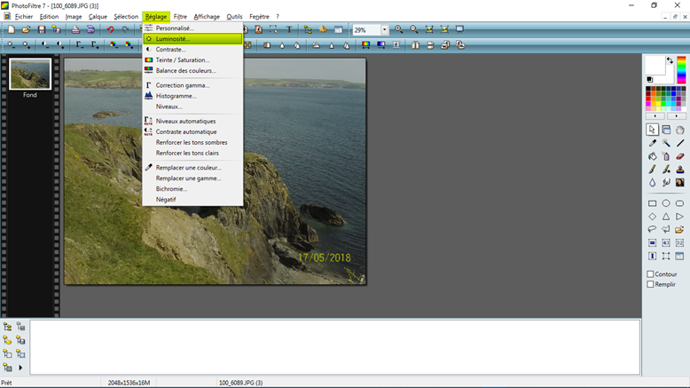 accès au réglage de la luminosité de la photographie ouverte dans Photofiltre 7