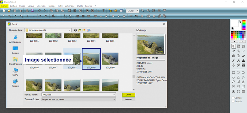 insertion d'une image dans PhotoFiltre 7 via l'explorateur de fichiers en cours